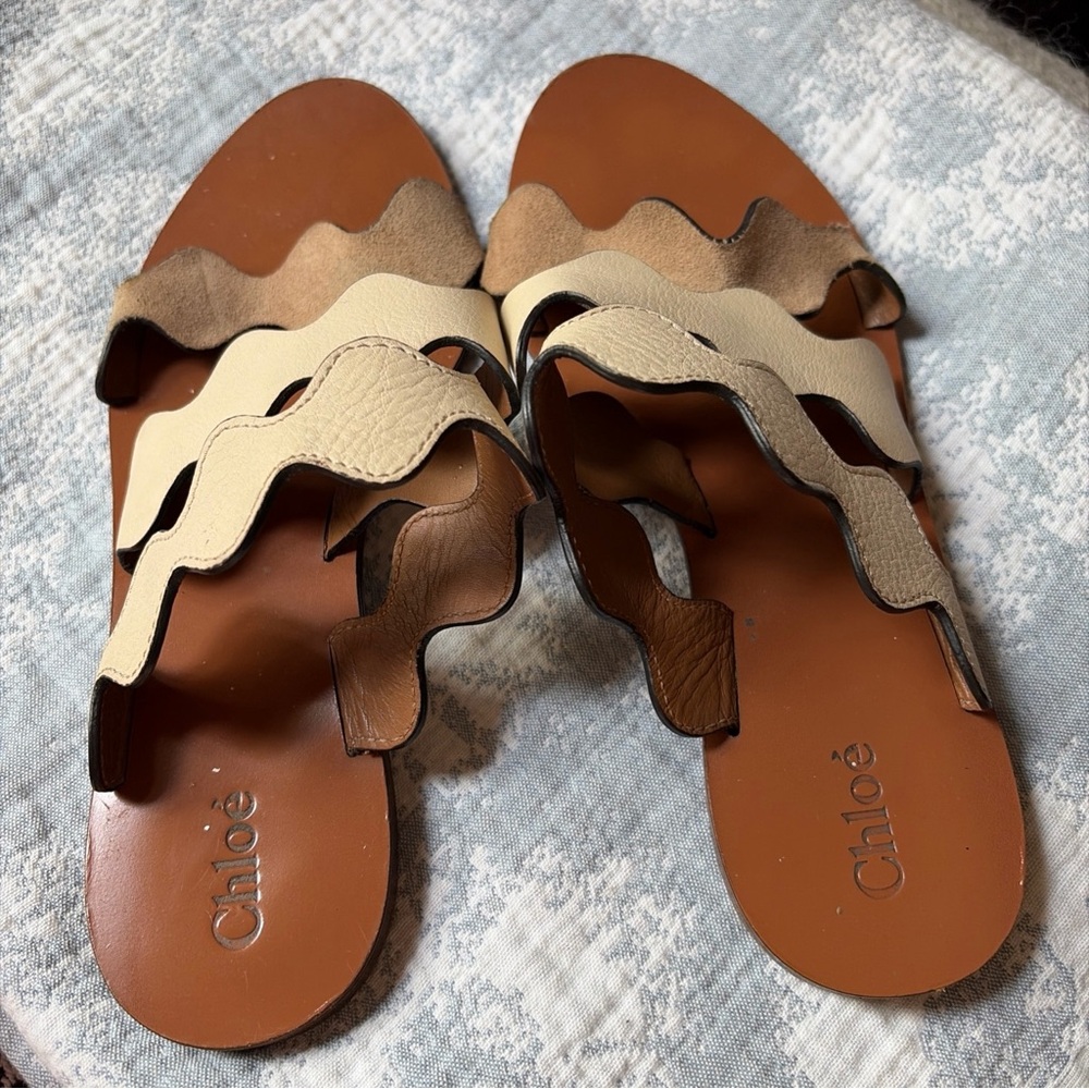 Chloe Lauren Sandals Slide Flats with Scalloped Straps Size 37 US 7 - Picture 4 of 6